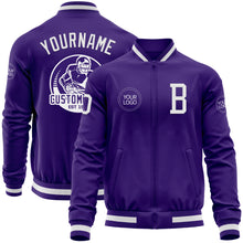 Load image into Gallery viewer, Custom Purple White Bomber Varsity Letterman Zipper Jacket