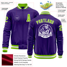 Load image into Gallery viewer, Custom Purple Neon Green-White Bomber Varsity Letterman Zipper Jacket