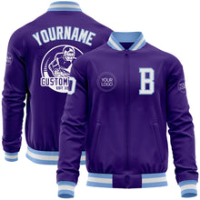 Load image into Gallery viewer, Custom Purple White-Light Blue Bomber Varsity Letterman Zipper Jacket