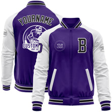 Load image into Gallery viewer, Custom Purple Black-White Bomber Varsity Letterman Two Tone Zipper Jacket
