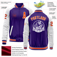 Load image into Gallery viewer, Custom Purple Orange-White Bomber Varsity Letterman Two Tone Zipper Jacket