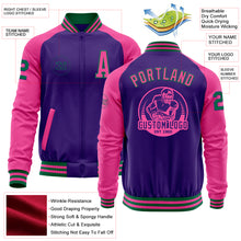 Load image into Gallery viewer, Custom Purple Pink-Kelly Green Bomber Varsity Letterman Two Tone Zipper Jacket