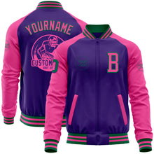Load image into Gallery viewer, Custom Purple Pink-Kelly Green Bomber Varsity Letterman Two Tone Zipper Jacket