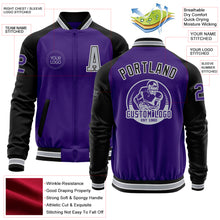 Load image into Gallery viewer, Custom Purple Black-Gray Bomber Varsity Letterman Two Tone Zipper Jacket