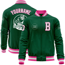 Load image into Gallery viewer, Custom Kelly Green White-Pink Bomber Varsity Letterman Zipper Jacket