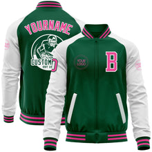 Load image into Gallery viewer, Custom Kelly Green Pink-White Bomber Varsity Letterman Two Tone Zipper Jacket