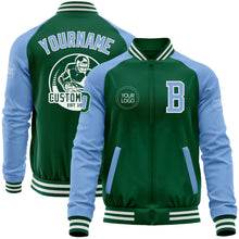 Load image into Gallery viewer, Custom Kelly Green Light Blue-White Bomber Varsity Letterman Two Tone Zipper Jacket