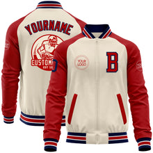 Load image into Gallery viewer, Custom Cream Navy Red-White Bomber Varsity Letterman Two Tone Zipper Jacket
