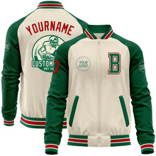 Load image into Gallery viewer, Custom Cream Red Kelly Green-White Bomber Varsity Letterman Two Tone Zipper Jacket