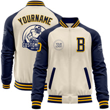Load image into Gallery viewer, Custom Cream Gold-Navy Bomber Varsity Letterman Two Tone Zipper Jacket