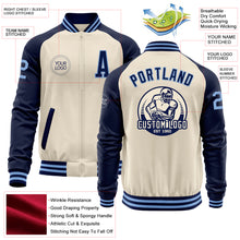 Load image into Gallery viewer, Custom Cream Light Blue-Navy Bomber Varsity Letterman Two Tone Zipper Jacket