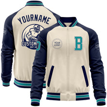 Load image into Gallery viewer, Custom Cream Teal Gray-Navy Bomber Varsity Letterman Two Tone Zipper Jacket