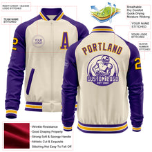 Load image into Gallery viewer, Custom Cream Gold Black Purple-White Bomber Varsity Letterman Two Tone Zipper Jacket