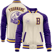 Load image into Gallery viewer, Custom Cream Gold Black Purple-White Bomber Varsity Letterman Two Tone Zipper Jacket