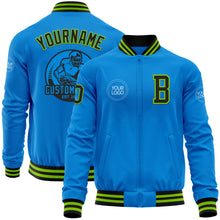 Load image into Gallery viewer, Custom Powder Blue Black-Neon Green Bomber Varsity Letterman Zipper Jacket