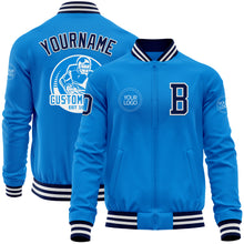 Load image into Gallery viewer, Custom Powder Blue Navy-White Bomber Varsity Letterman Zipper Jacket