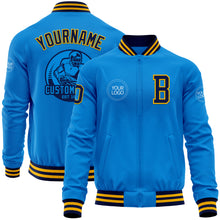 Load image into Gallery viewer, Custom Powder Blue Navy-Gold Bomber Varsity Letterman Zipper Jacket