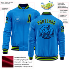 Load image into Gallery viewer, Custom Powder Blue Navy-Neon Green Bomber Varsity Letterman Zipper Jacket