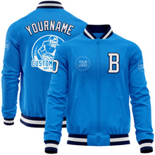 Load image into Gallery viewer, Custom Powder Blue White-Navy Bomber Varsity Letterman Zipper Jacket