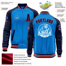 Load image into Gallery viewer, Custom Powder Blue Red-Navy Bomber Varsity Letterman Two Tone Zipper Jacket