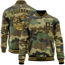 Load image into Gallery viewer, Custom Camo Black-Old Gold Bomber Varsity Letterman Salute To Service Zipper Jacket