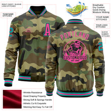 Load image into Gallery viewer, Custom Camo Aqua Black-Pink Bomber Varsity Letterman Salute To Service Zipper Jacket