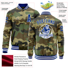 Load image into Gallery viewer, Custom Camo Royal-White Bomber Varsity Letterman Salute To Service Zipper Jacket