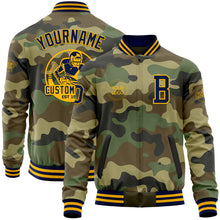 Load image into Gallery viewer, Custom Camo Navy-Gold Bomber Varsity Letterman Salute To Service Zipper Jacket
