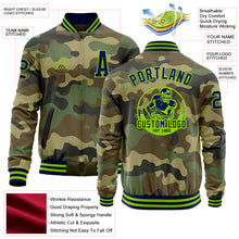 Load image into Gallery viewer, Custom Camo Navy-Neon Green Bomber Varsity Letterman Salute To Service Zipper Jacket