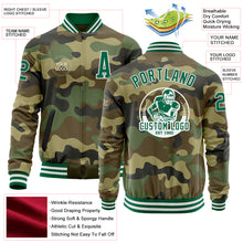 Load image into Gallery viewer, Custom Camo Kelly Green-White Bomber Varsity Letterman Salute To Service Zipper Jacket