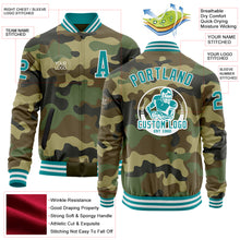 Load image into Gallery viewer, Custom Camo Teal-White Bomber Varsity Letterman Salute To Service Zipper Jacket