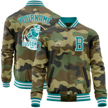 Load image into Gallery viewer, Custom Camo Teal-White Bomber Varsity Letterman Salute To Service Zipper Jacket