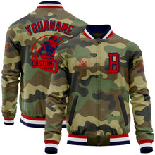 Load image into Gallery viewer, Custom Camo Red-Navy Bomber Varsity Letterman Salute To Service Zipper Jacket