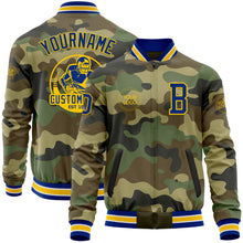 Load image into Gallery viewer, Custom Camo Royal-Yellow Bomber Varsity Letterman Salute To Service Zipper Jacket