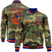 Load image into Gallery viewer, Custom Camo Orange-Royal Bomber Varsity Letterman Salute To Service Zipper Jacket