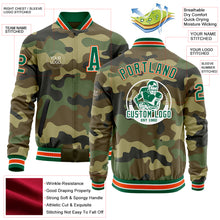 Load image into Gallery viewer, Custom Camo Kelly Green-Orange Bomber Varsity Letterman Salute To Service Zipper Jacket