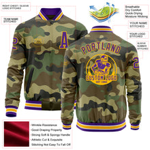 Load image into Gallery viewer, Custom Camo Purple-Gold Bomber Varsity Letterman Salute To Service Zipper Jacket