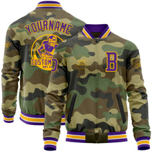 Load image into Gallery viewer, Custom Camo Purple-Gold Bomber Varsity Letterman Salute To Service Zipper Jacket