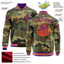 Load image into Gallery viewer, Custom Camo Purple-Orange Bomber Varsity Letterman Salute To Service Zipper Jacket