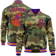 Load image into Gallery viewer, Custom Camo Purple-Orange Bomber Varsity Letterman Salute To Service Zipper Jacket