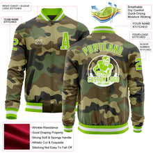 Load image into Gallery viewer, Custom Camo Neon Green-White Bomber Varsity Letterman Salute To Service Zipper Jacket