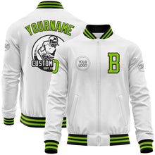 Load image into Gallery viewer, Custom White Neon Green-Black Bomber Varsity Letterman Zipper Jacket