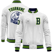 Load image into Gallery viewer, Custom White Navy-Neon Green Bomber Varsity Letterman Zipper Jacket