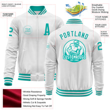 Load image into Gallery viewer, Custom White Aqua Bomber Varsity Letterman Zipper Jacket