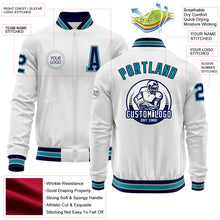 Load image into Gallery viewer, Custom White Navy Gray-Teal Bomber Varsity Letterman Zipper Jacket