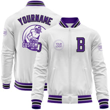 Load image into Gallery viewer, Custom White Purple-Black Bomber Varsity Letterman Zipper Jacket