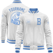 Load image into Gallery viewer, Custom White Light Blue Bomber Varsity Letterman Zipper Jacket