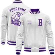 Load image into Gallery viewer, Custom White Purple Bomber Varsity Letterman Zipper Jacket