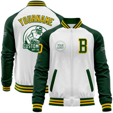 Load image into Gallery viewer, Custom White Gold-Green Bomber Varsity Letterman Two Tone Zipper Jacket