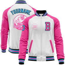 Load image into Gallery viewer, Custom White Sky Blue Black-Pink Bomber Varsity Letterman Two Tone Zipper Jacket